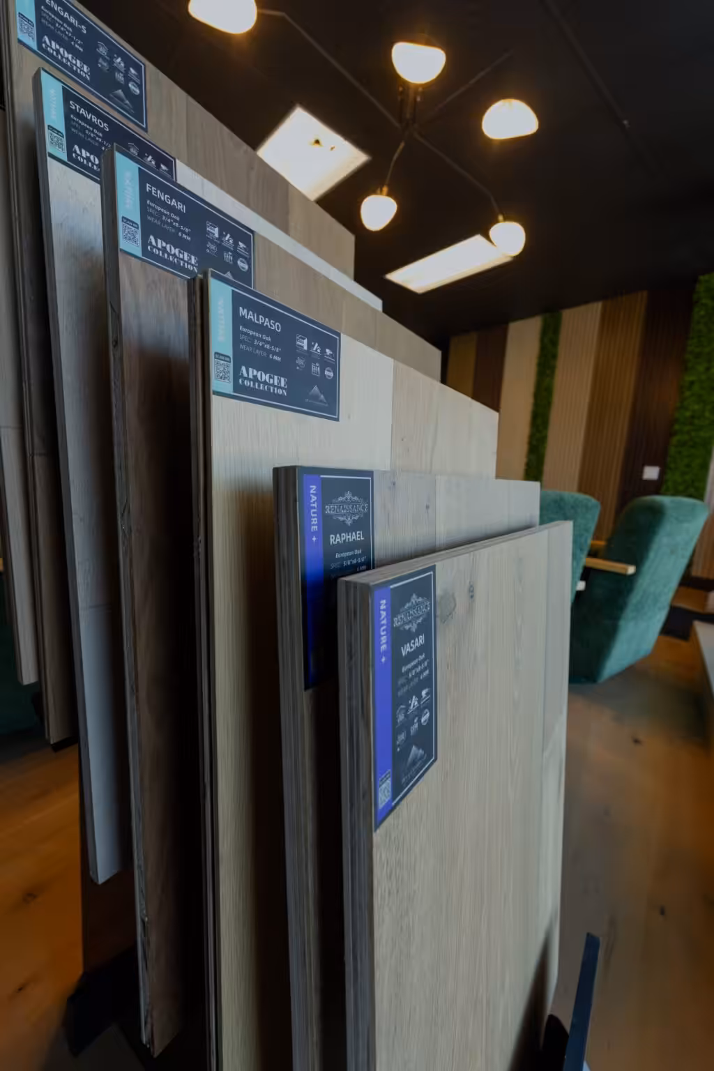 9j3a4608 (1) (1536) Rack of Denali Apogee Collection engineered hardwood sample boards in the TRD Floor Supplies showroom