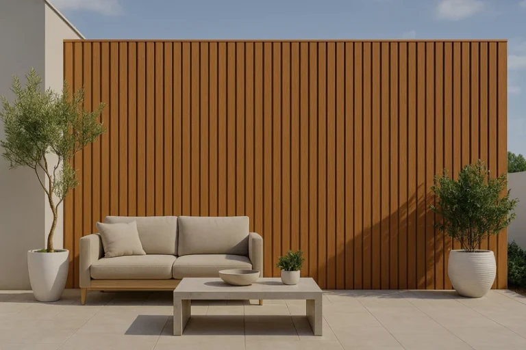 SPC vs WPC Flooring: Four Questions That Pick the Right Core Caramel-colored exterior slat wall panels behind an outdoor sofa and concrete coffee table on a patio