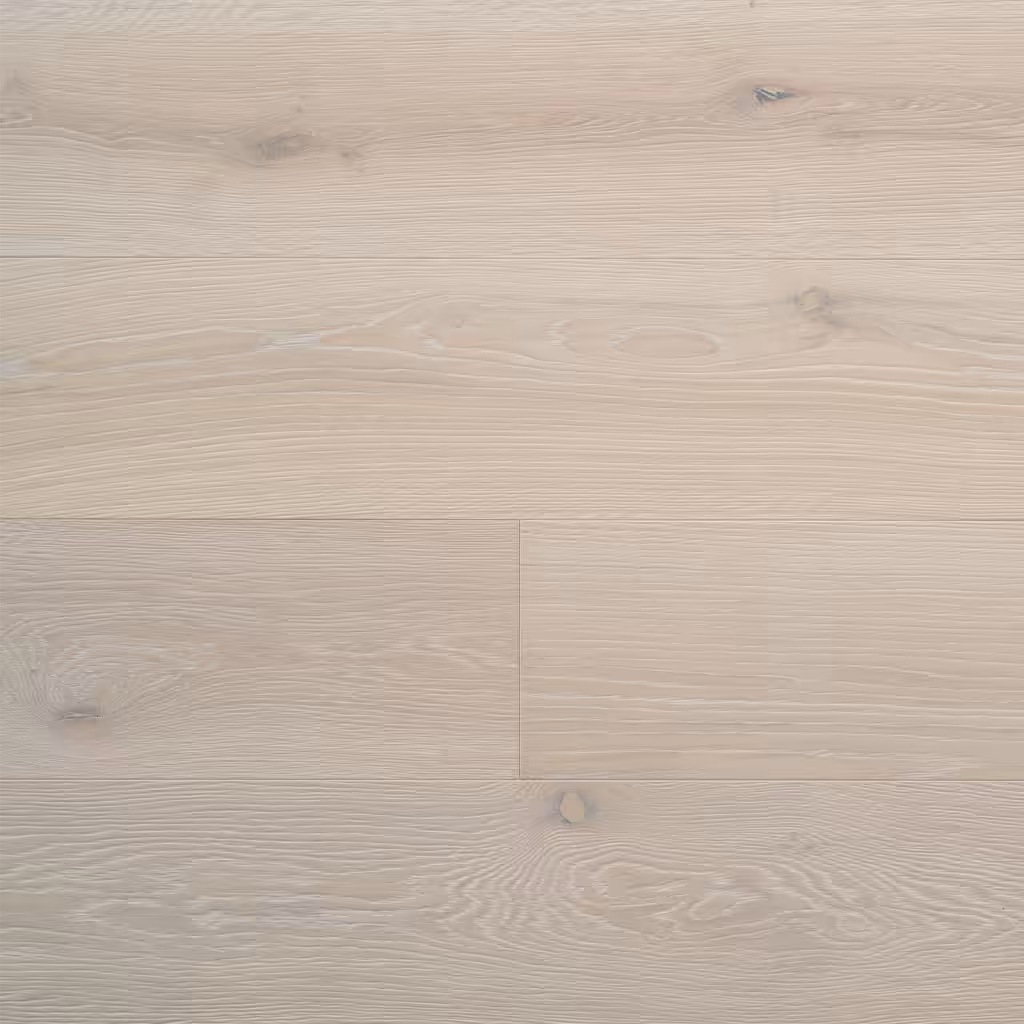 Top-down view of pale, wire-brushed Veranda Asheville Arden engineered oak planks with small knots