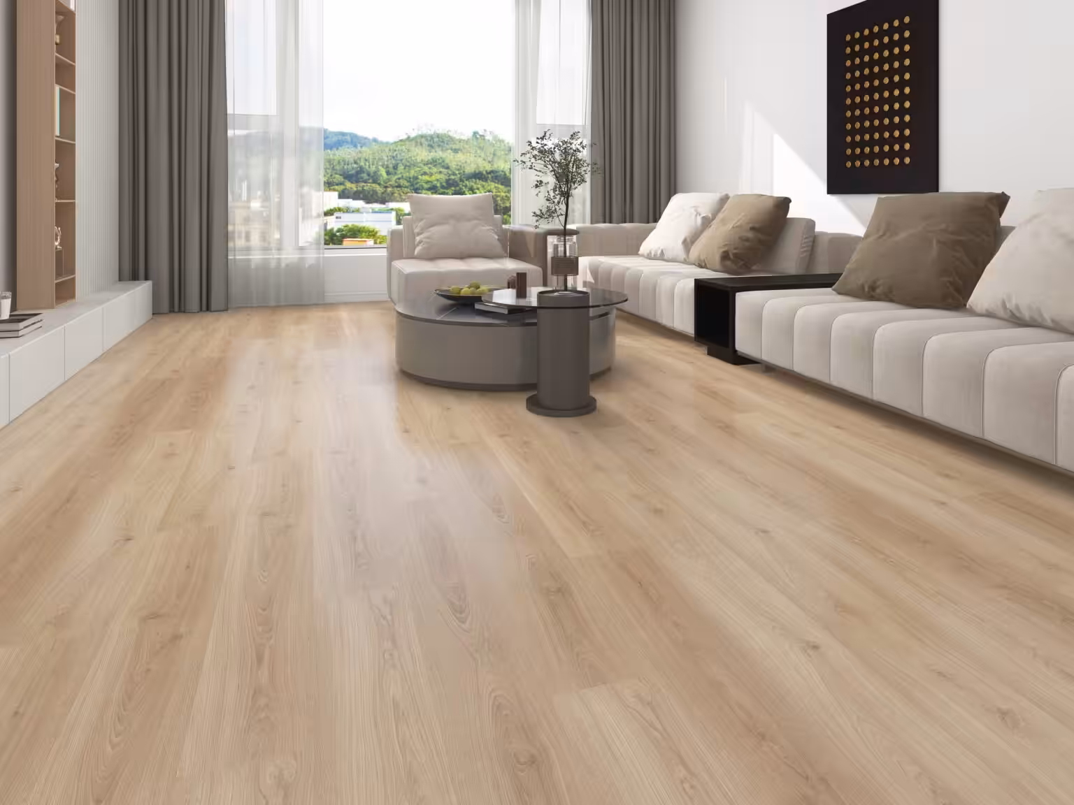 Living room with light oak-look PermShield One Plus SPC vinyl plank flooring (manufacturer room scene)