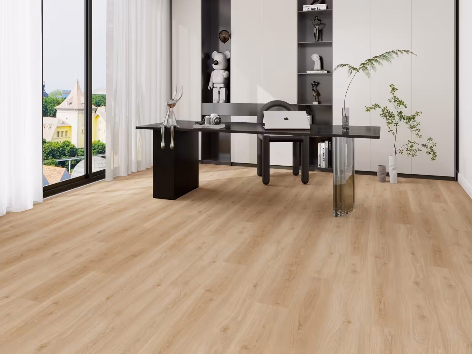 Room with light oak-look PermShield One Plus SPC luxury vinyl flooring in the Pismo Dunes color