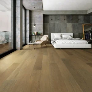 Modern bedroom with wood floor