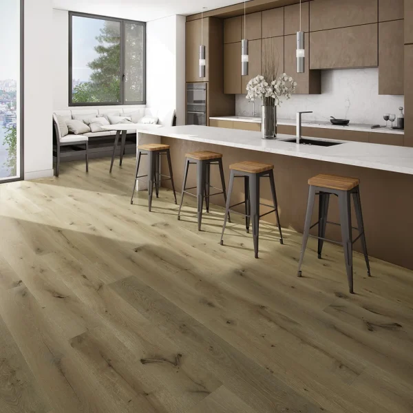 Best Flooring for a Kitchen: Six Tests Every Floor Has to Pass Open kitchen with a long white-topped island, metal bar stools with wooden seats and wide French white oak planks from Symphony in Rhapsody (manufacturer photo)