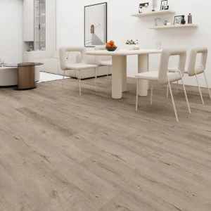 Light wood flooring in dining room